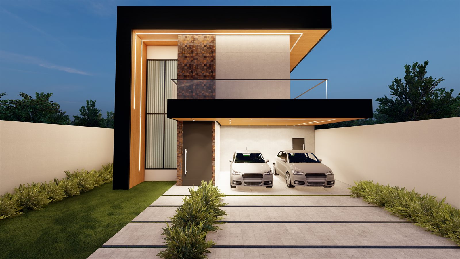 Projeto de fachada residencial ao anoitecer
