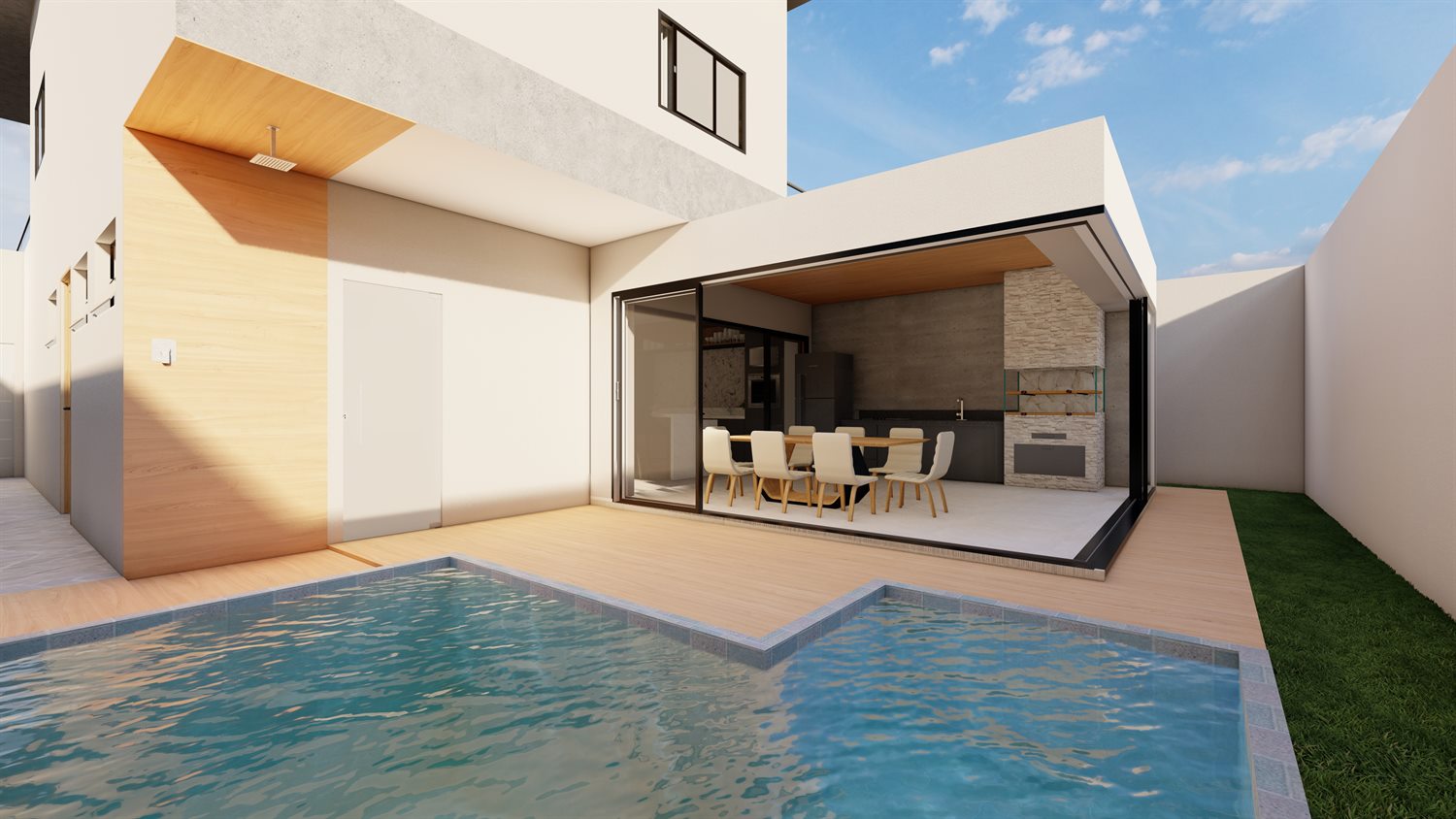 Área gourmet residencial reformada com piscina e integração
